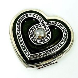 Brighton Heart-Shaped Black and Silver Jeweled Compact Purse Mirror - Rare